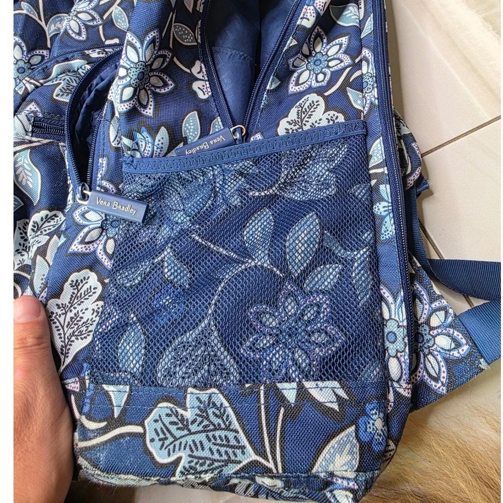 Vera Bradley Blue Floral‎ Canvas Backpack Multi Pocket School Travel Bag P4